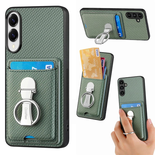CASENEO For Samsung Galaxy S25 Edge Leather Phone Back Cover with Kickstand and Card Slots Carbon Fiber Texture - Green - 1