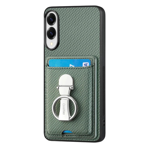 CASENEO For Samsung Galaxy S25 Edge Leather Phone Back Cover with Kickstand and Card Slots Carbon Fiber Texture - Green - 2