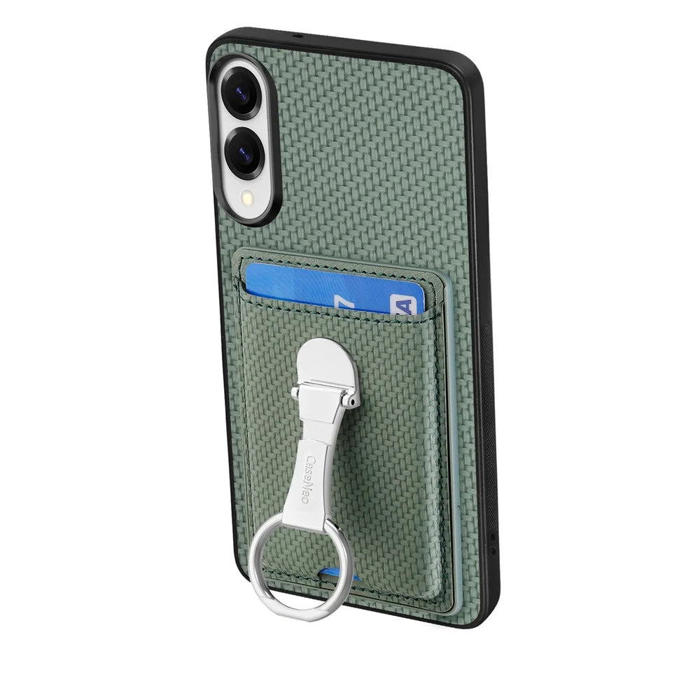 CASENEO For Samsung Galaxy S25 Edge Leather Phone Back Cover with Kickstand and Card Slots Carbon Fiber Texture - Green - 3