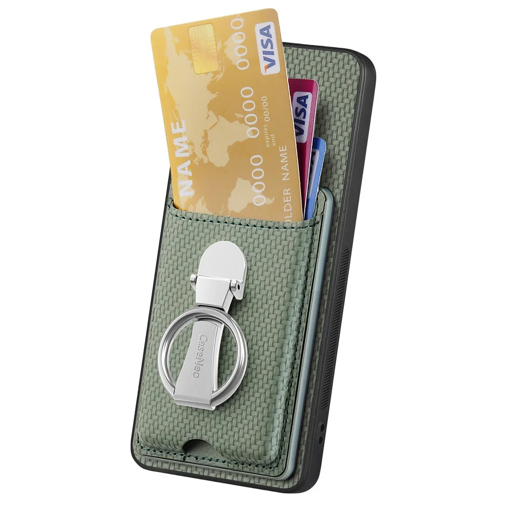 CASENEO For Samsung Galaxy S25 Edge Leather Phone Back Cover with Kickstand and Card Slots Carbon Fiber Texture - Green - 4