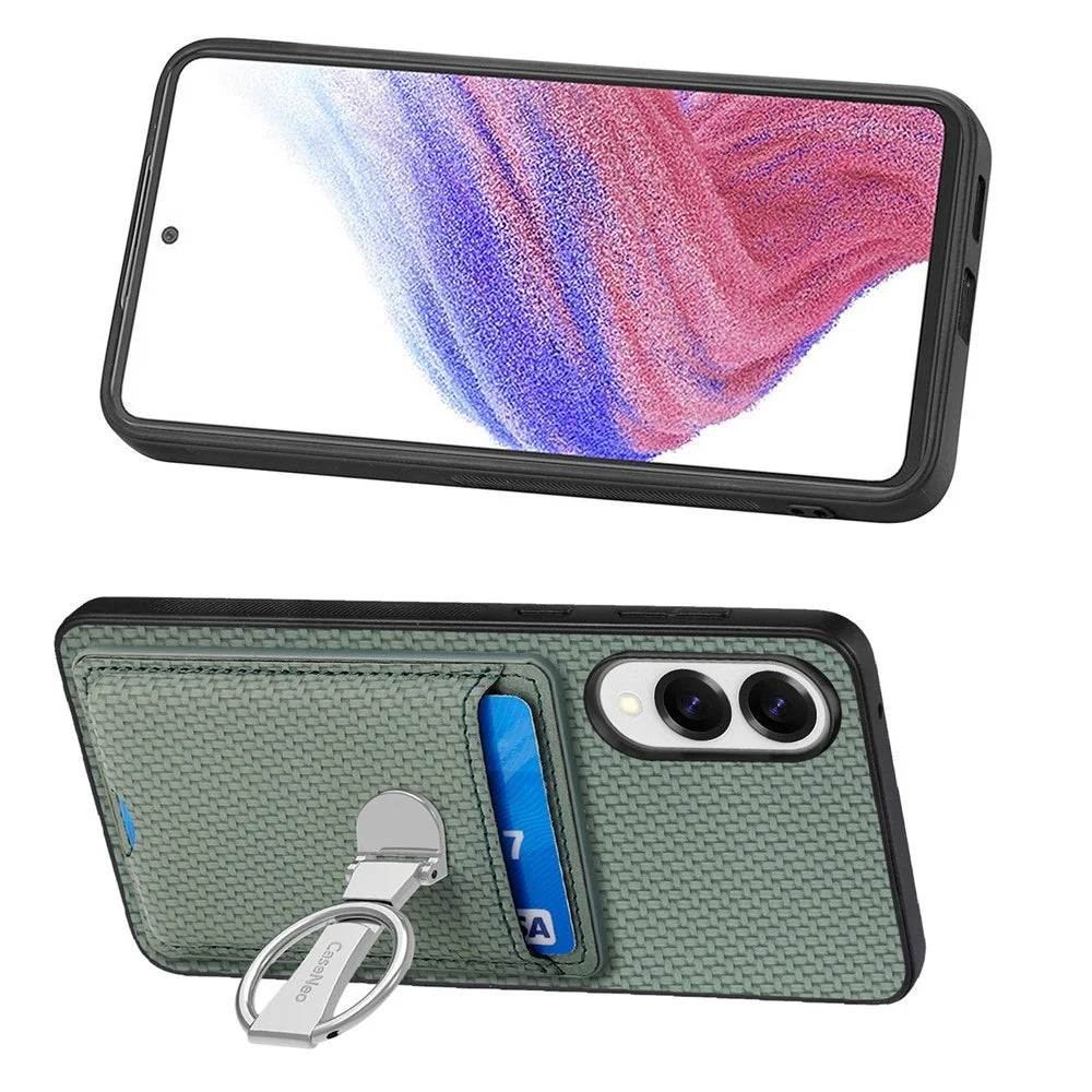 CASENEO For Samsung Galaxy S25 Edge Leather Phone Back Cover with Kickstand and Card Slots Carbon Fiber Texture - Green - 5