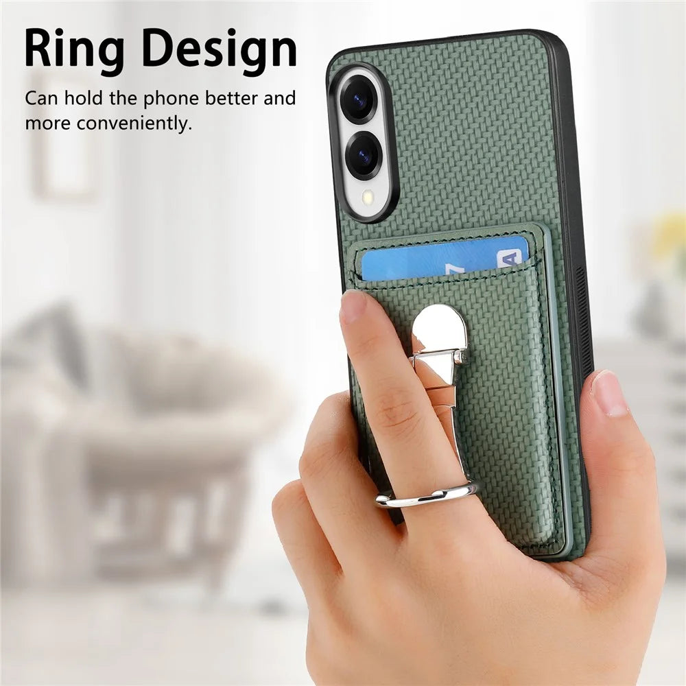 CASENEO For Samsung Galaxy S25 Edge Leather Phone Back Cover with Kickstand and Card Slots Carbon Fiber Texture - Green - 6