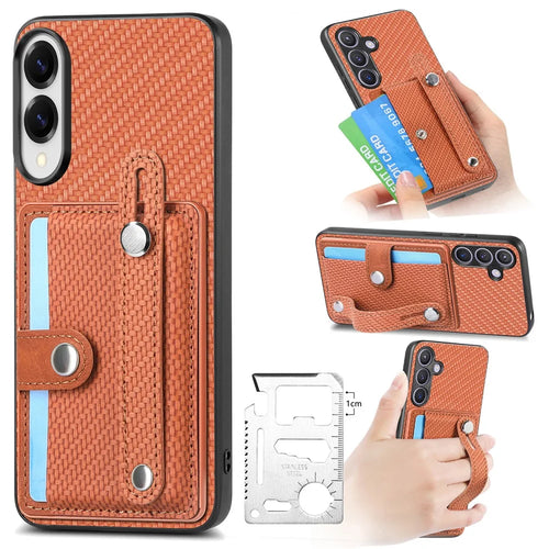 For Samsung Galaxy S25 Edge Case Carbon Fiber Texture Leather Phone Back Cover with Card Holder - Brown - 1