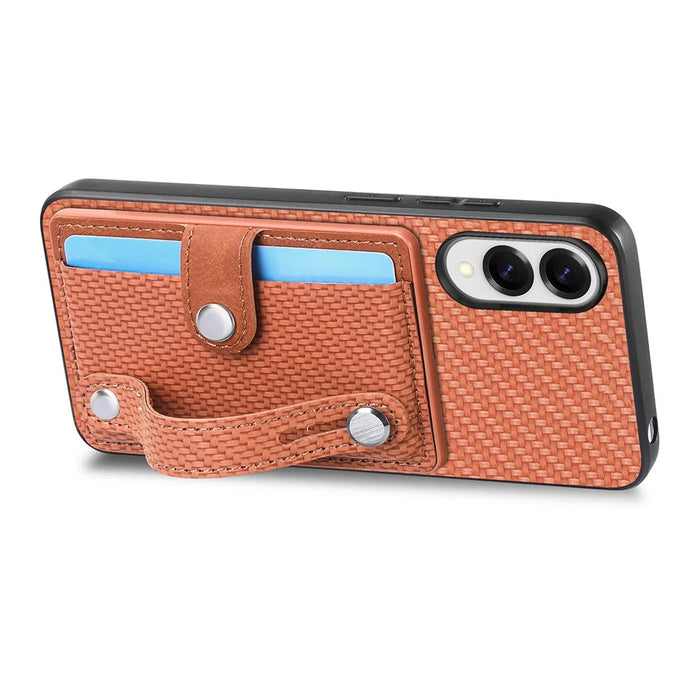 For Samsung Galaxy S25 Edge Case Carbon Fiber Texture Leather Phone Back Cover with Card Holder - Brown - 3