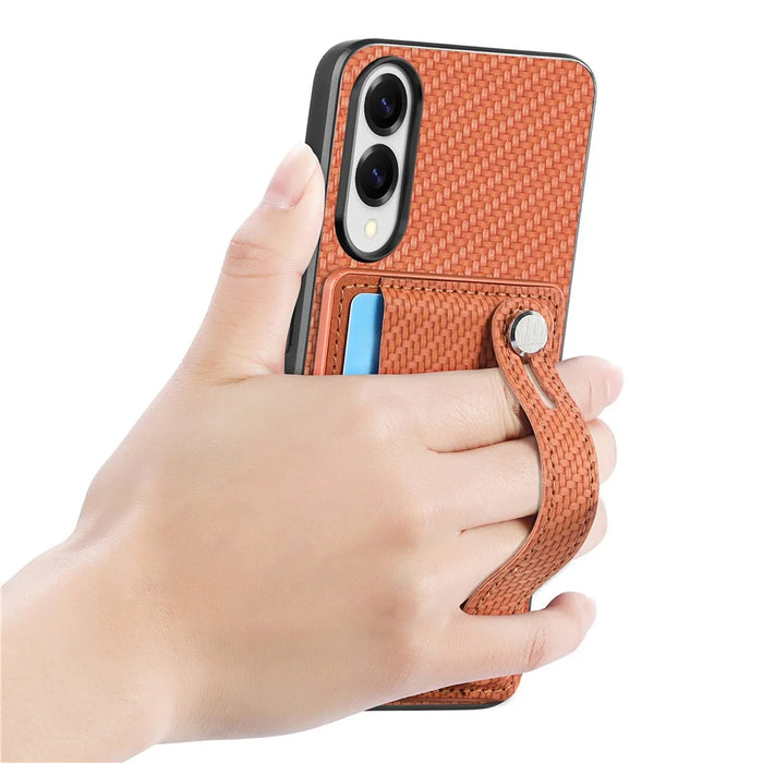 For Samsung Galaxy S25 Edge Case Carbon Fiber Texture Leather Phone Back Cover with Card Holder - Brown - 4