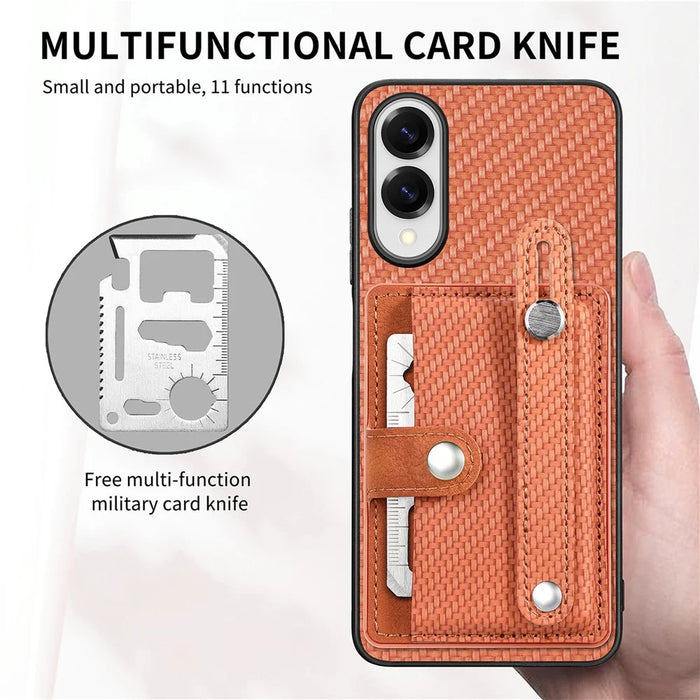 For Samsung Galaxy S25 Edge Case Carbon Fiber Texture Leather Phone Back Cover with Card Holder - Brown - 6