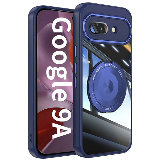 For Google Pixel 9a Magnetic Case PC + TPU Phone Cover with Rotating Metal Kickstand, Lens Protector - Blue - 1