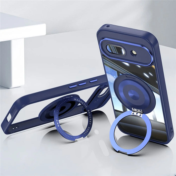 For Google Pixel 9a Magnetic Case PC + TPU Phone Cover with Rotating Metal Kickstand, Lens Protector - Blue - 2