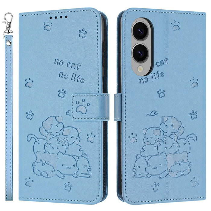 For Samsung Galaxy S25 Edge Wallet Case Cats Imprint Leather Phone Cover with Strap - Blue - 1