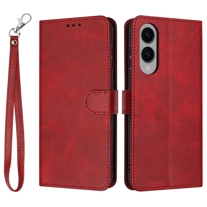 For Samsung Galaxy S25 Edge Case Flip Stand PU Leather Wallet Phone Cover Calf Texture - Red - 1