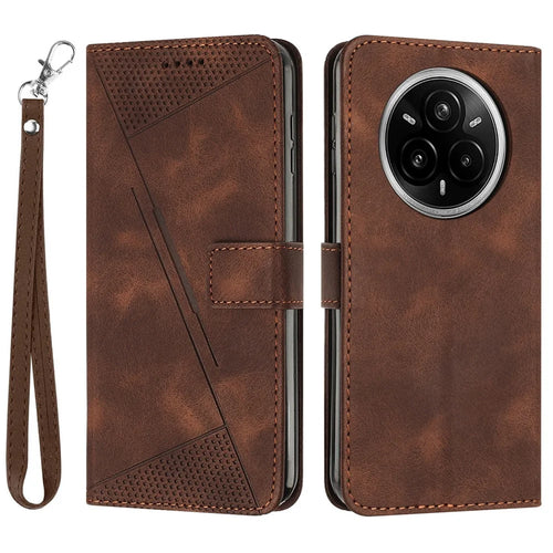 For Realme 14 Pro+ 5G Case Handbag Imprinted Triangle Leather Phone Cover - Brown - 1