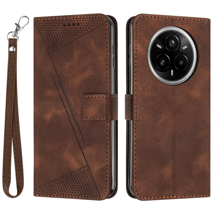 For Realme 14 Pro+ 5G Case Handbag Imprinted Triangle Leather Phone Cover - Brown - 1