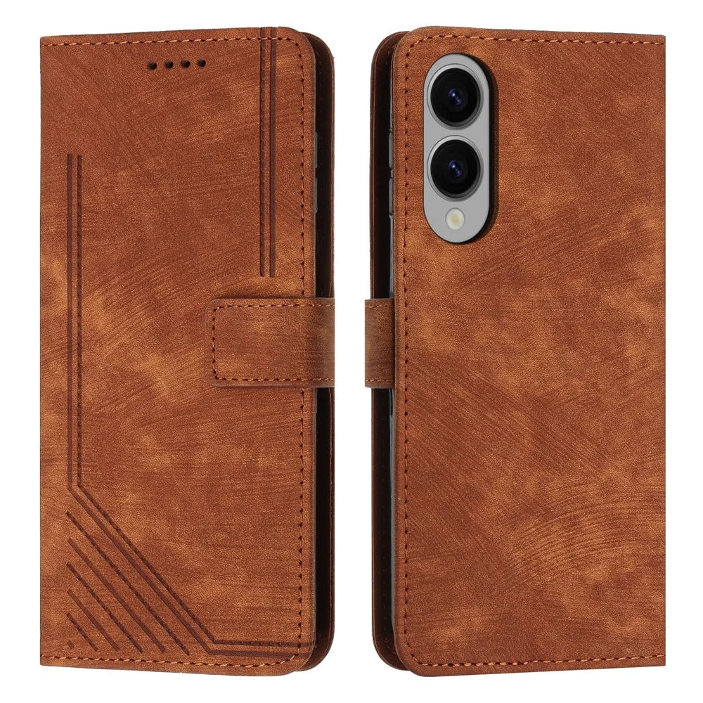 For Samsung Galaxy S25 Edge Case Imprinted Lines Leather Phone Cover with Stand - Brown - 1
