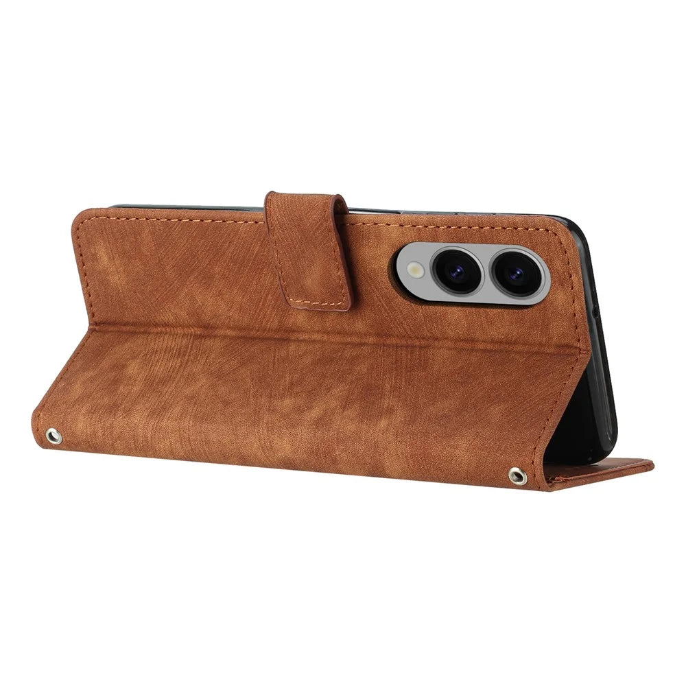 For Samsung Galaxy S25 Edge Case Imprinted Lines Leather Phone Cover with Stand - Brown - 3