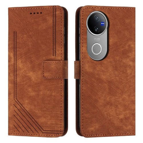 For vivo V50 5G Case Imprinted Lines Leather Phone Cover with Stand - Brown - 1