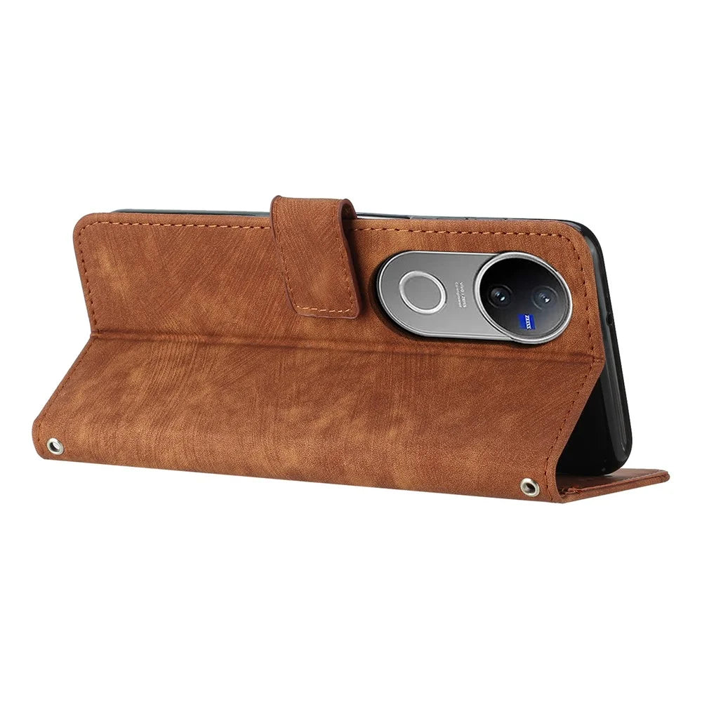 For vivo V50 5G Case Imprinted Lines Leather Phone Cover with Stand - Brown - 3