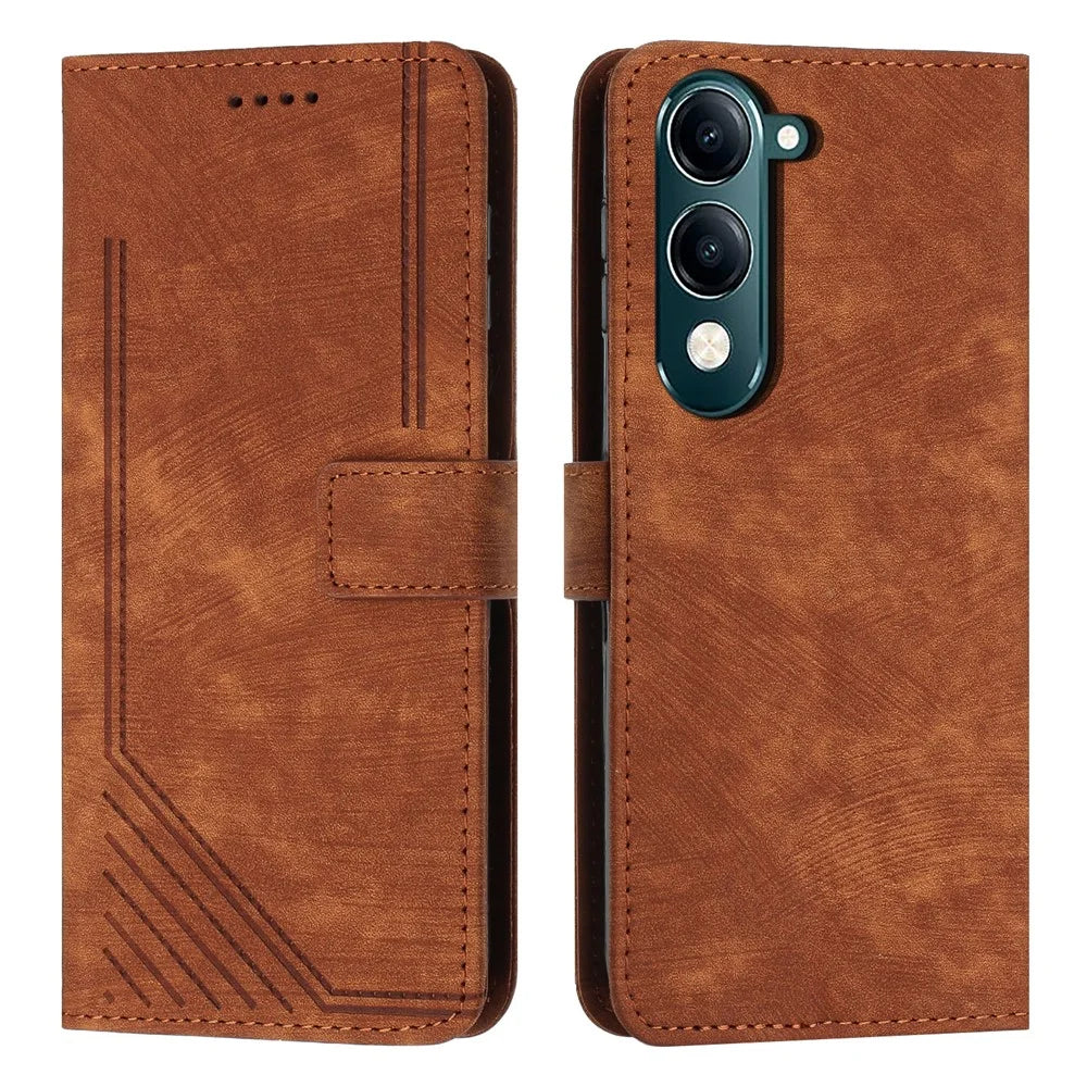 For vivo Y29s 5G Case Imprinted Lines Leather Phone Cover with Stand - Brown - 1