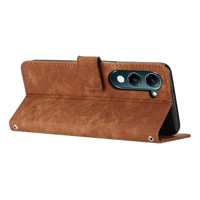 For vivo Y29s 5G Case Imprinted Lines Leather Phone Cover with Stand - Brown - 3