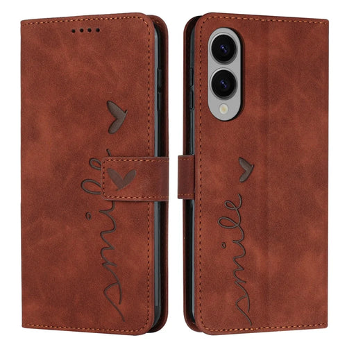For Samsung Galaxy S25 Edge Case Viewing Stand PU Leather Phone Cover Imprinted Heart Pattern - Brown - 1