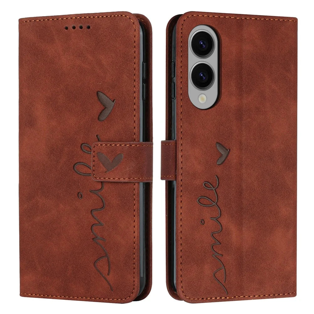 For Samsung Galaxy S25 Edge Case Viewing Stand PU Leather Phone Cover Imprinted Heart Pattern - Brown - 1