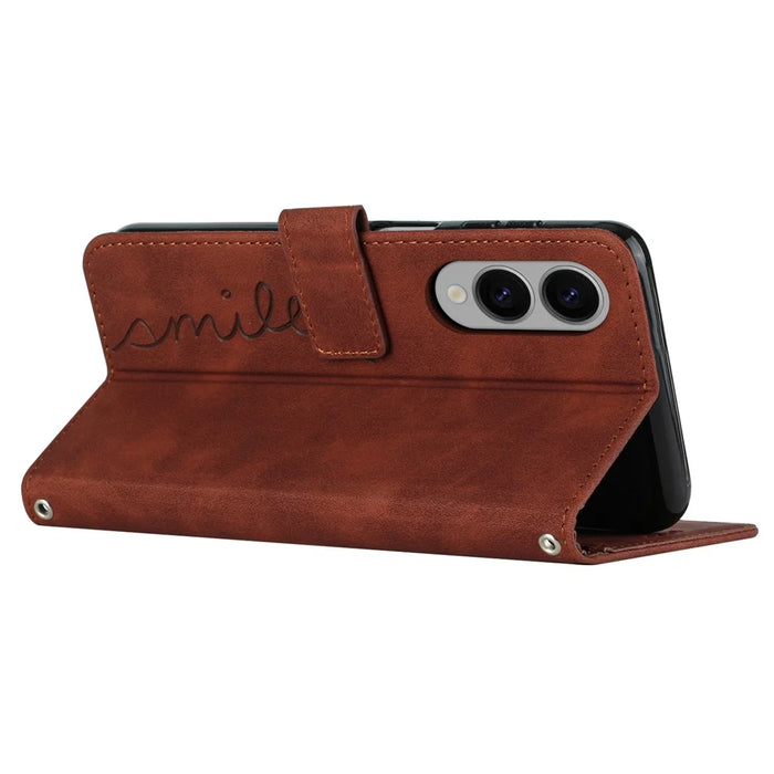 For Samsung Galaxy S25 Edge Case Viewing Stand PU Leather Phone Cover Imprinted Heart Pattern - Brown - 3