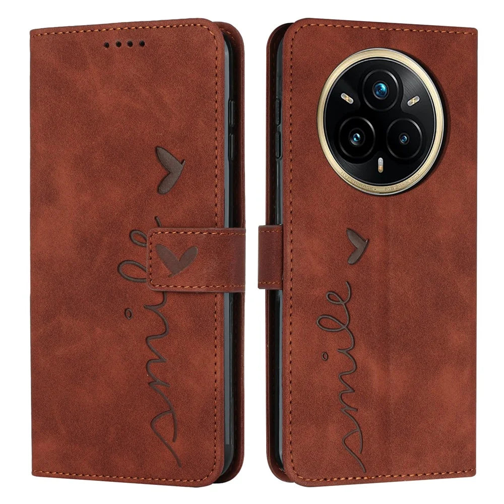 For Realme 14 Pro+ 5G Case Viewing Stand PU Leather Phone Cover Imprinted Heart Pattern - Brown - 1