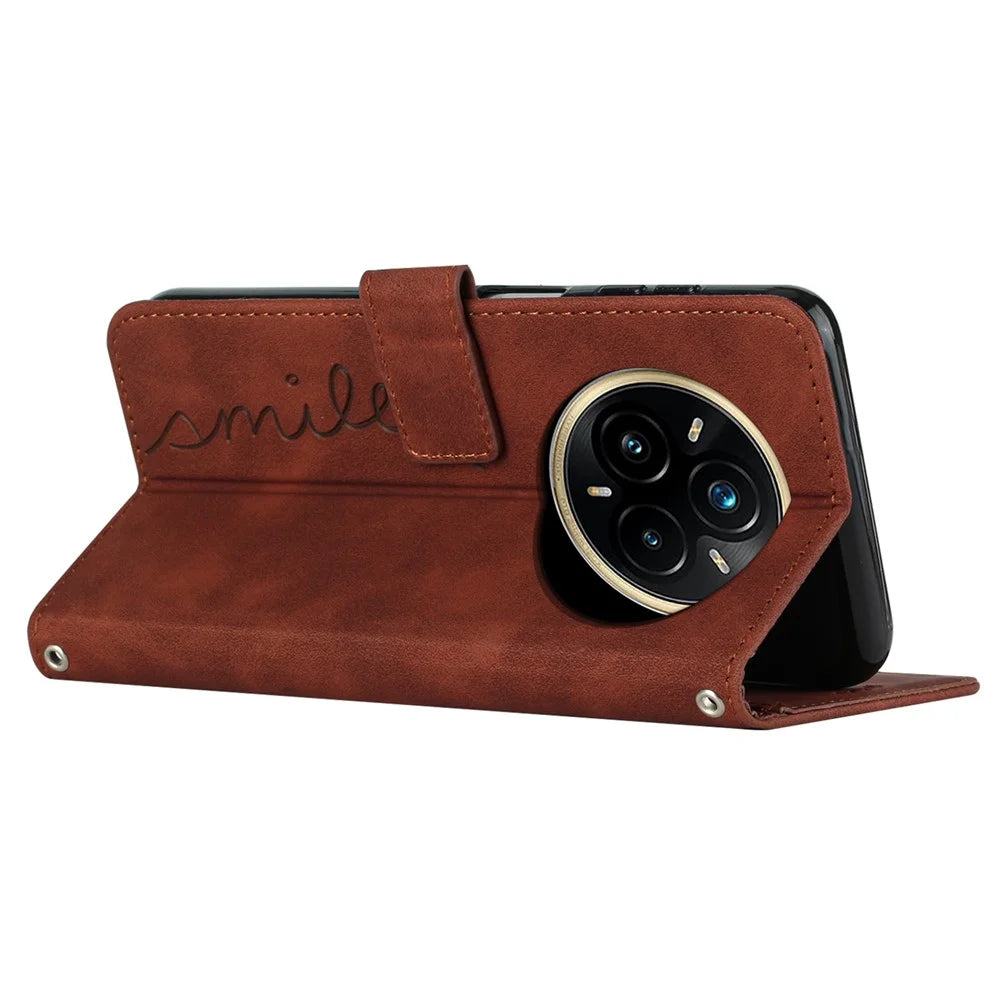 For Realme 14 Pro+ 5G Case Viewing Stand PU Leather Phone Cover Imprinted Heart Pattern - Brown - 3