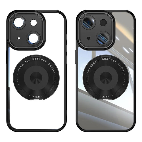 For iPhone 15 Magnetic Case PC + TPU Phone Cover with Rotating Metal Kickstand, Lens Protector - Black - 1