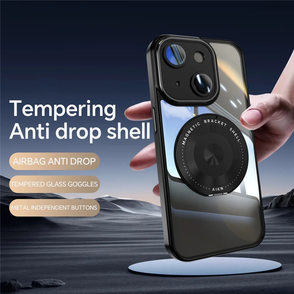 For iPhone 15 Magnetic Case PC + TPU Phone Cover with Rotating Metal Kickstand, Lens Protector - Black - 2