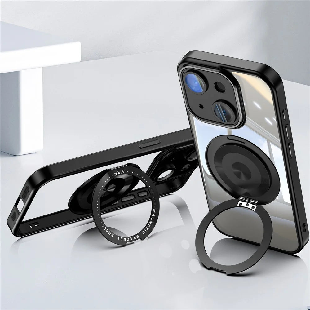 For iPhone 15 Magnetic Case PC + TPU Phone Cover with Rotating Metal Kickstand, Lens Protector - Black - 3