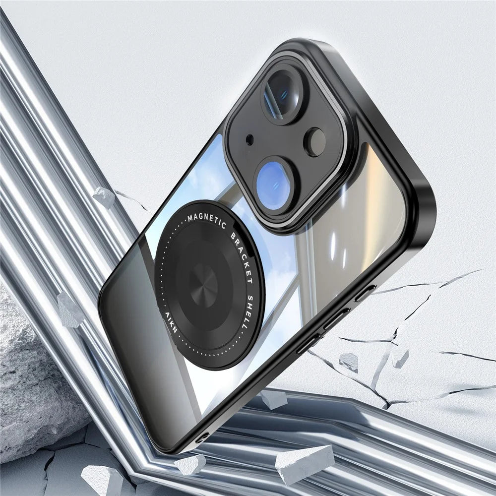 For iPhone 15 Magnetic Case PC + TPU Phone Cover with Rotating Metal Kickstand, Lens Protector - Black - 4