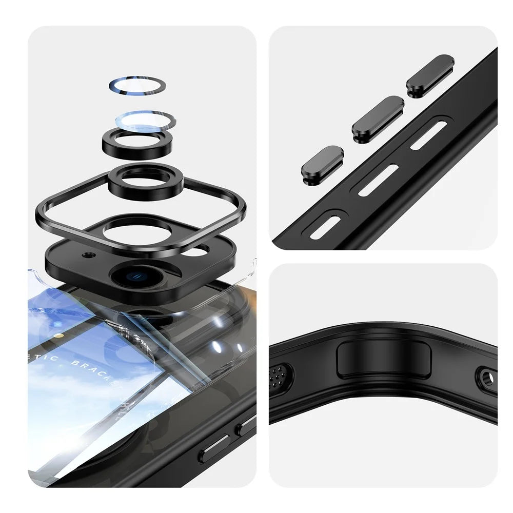For iPhone 15 Magnetic Case PC + TPU Phone Cover with Rotating Metal Kickstand, Lens Protector - Black - 6