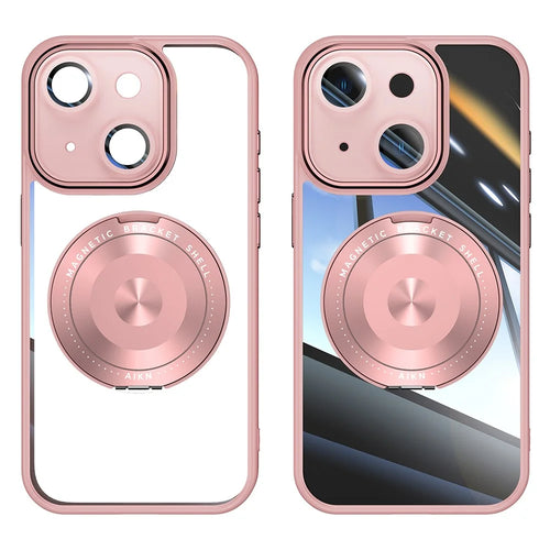 For iPhone 14 Magnetic Case PC + TPU Phone Cover with Rotating Metal Kickstand, Lens Protector - Pink - 1