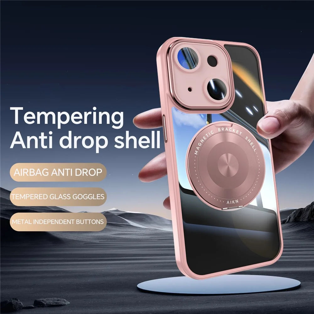 For iPhone 14 Magnetic Case PC + TPU Phone Cover with Rotating Metal Kickstand, Lens Protector - Pink - 2