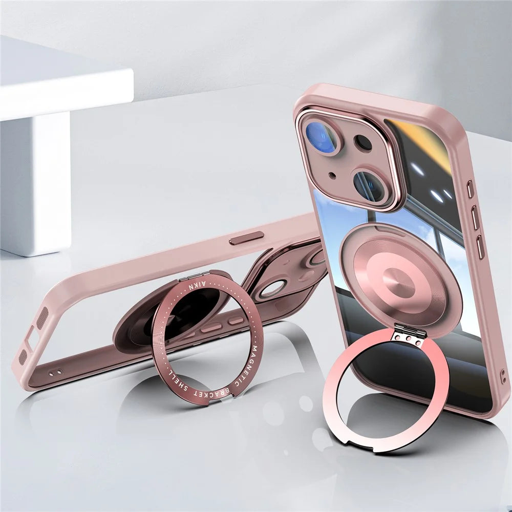 For iPhone 14 Magnetic Case PC + TPU Phone Cover with Rotating Metal Kickstand, Lens Protector - Pink - 3