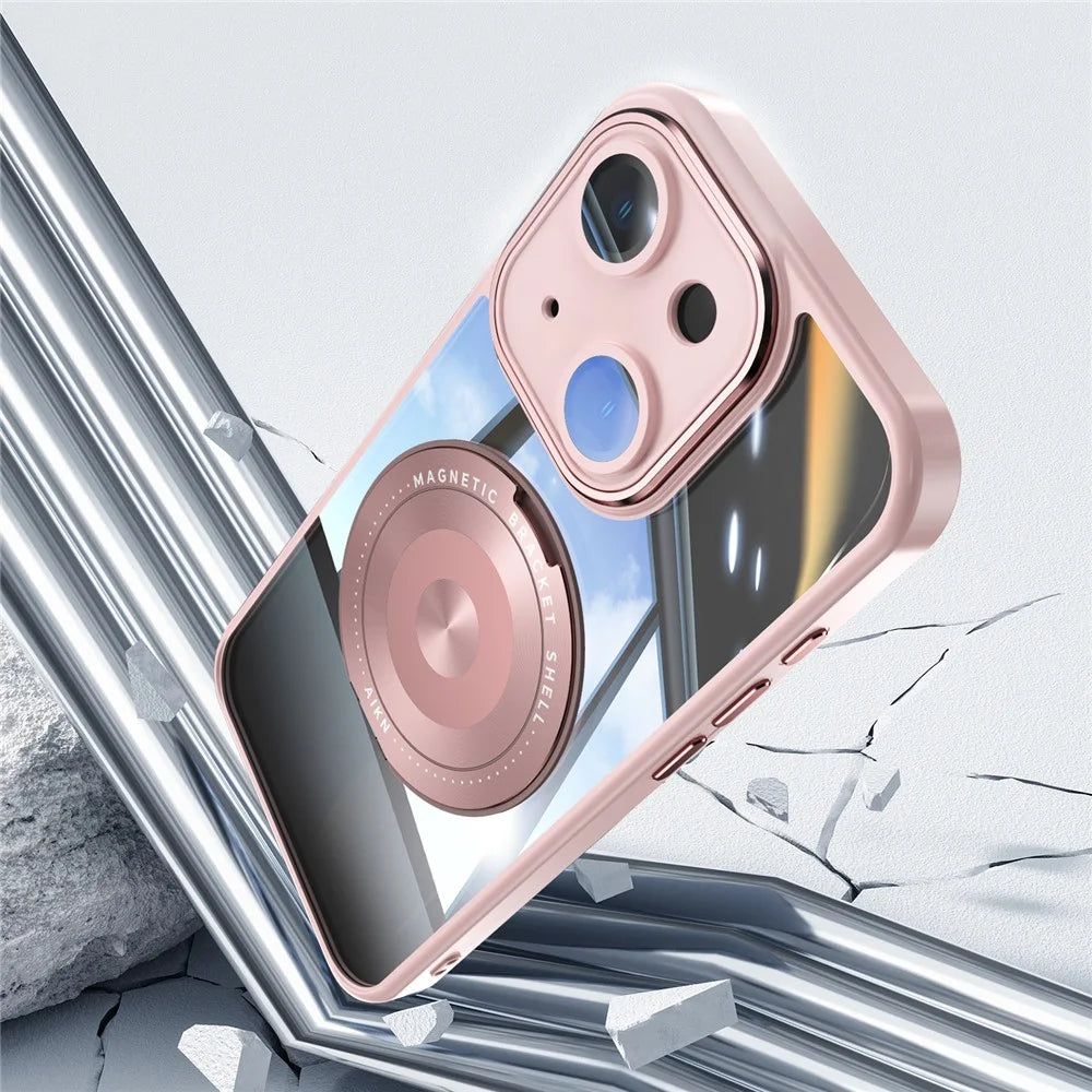 For iPhone 14 Magnetic Case PC + TPU Phone Cover with Rotating Metal Kickstand, Lens Protector - Pink - 4