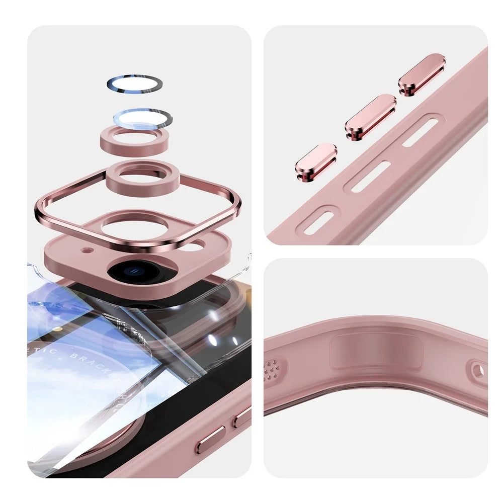 For iPhone 14 Magnetic Case PC + TPU Phone Cover with Rotating Metal Kickstand, Lens Protector - Pink - 6