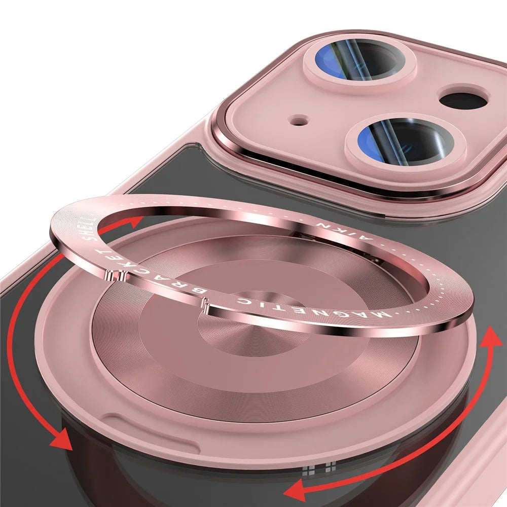 For iPhone 14 Magnetic Case PC + TPU Phone Cover with Rotating Metal Kickstand, Lens Protector - Pink - 7