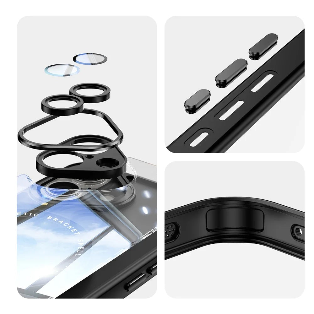 For iPhone 16 Magnetic Case PC + TPU Phone Cover with Rotating Metal Kickstand, Lens Protector - Black - 6