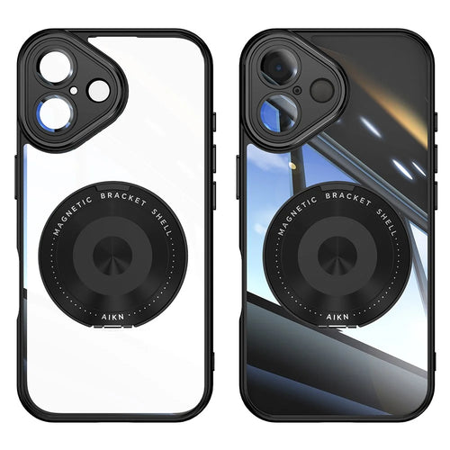 For iPhone 16 Plus Magnetic Case PC + TPU Phone Cover with Rotating Metal Kickstand, Lens Protector - Black - 1