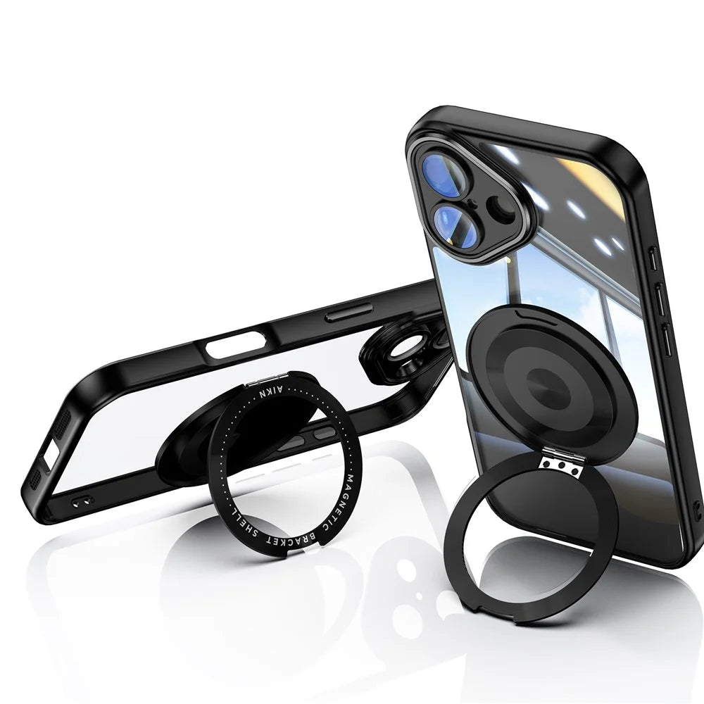 For iPhone 16 Plus Magnetic Case PC + TPU Phone Cover with Rotating Metal Kickstand, Lens Protector - Black - 2