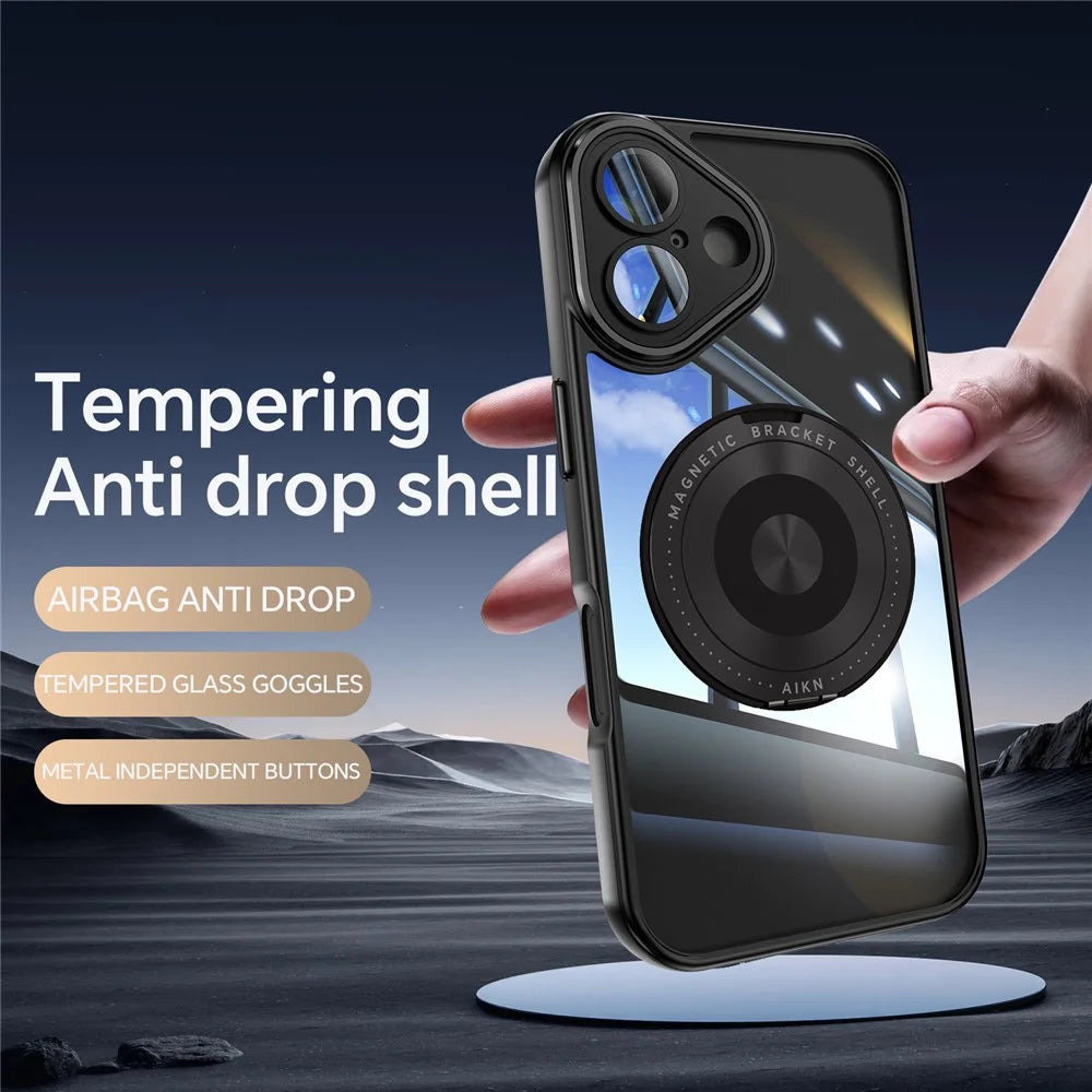 For iPhone 16 Plus Magnetic Case PC + TPU Phone Cover with Rotating Metal Kickstand, Lens Protector - Black - 3