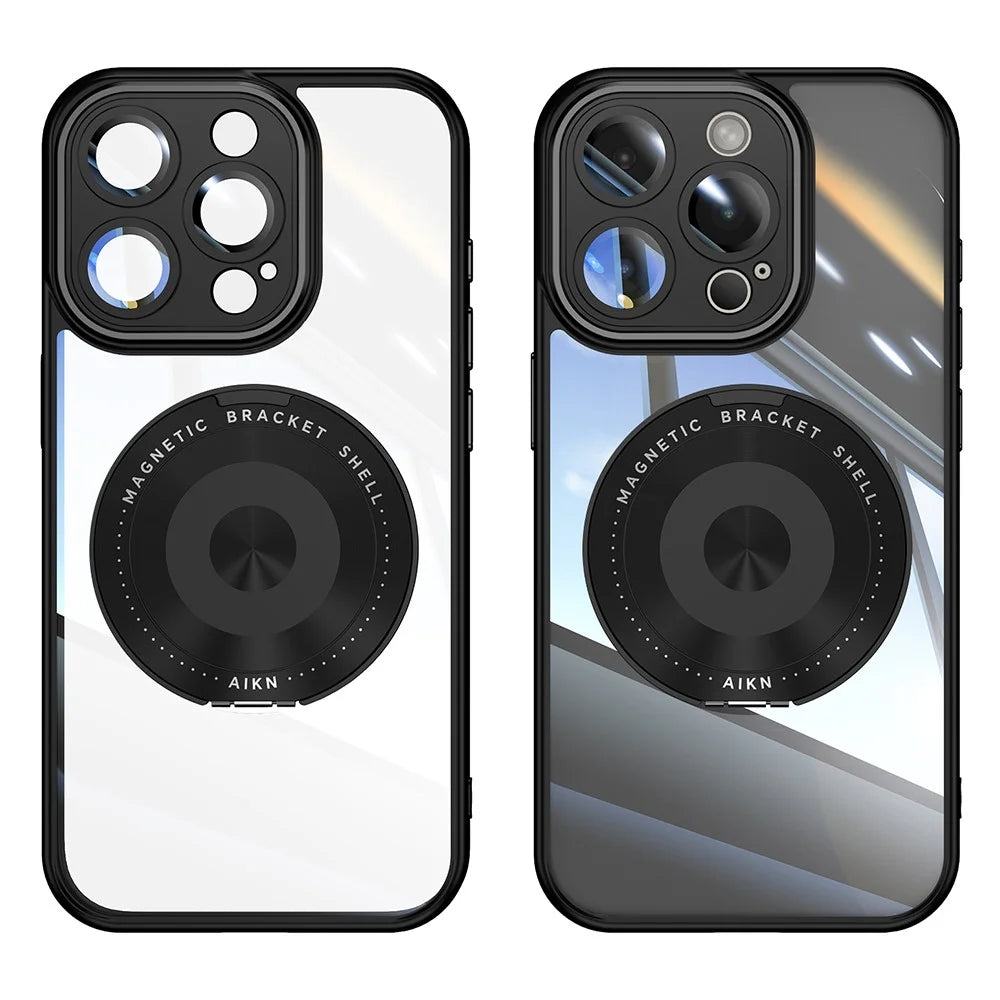 For iPhone 16 Pro Magnetic Case PC + TPU Phone Cover with Rotating Metal Kickstand, Lens Protector - Black - 1