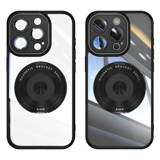 For iPhone 16 Pro Max Magnetic Case PC + TPU Phone Cover with Rotating Metal Kickstand, Lens Protector - Black - 1