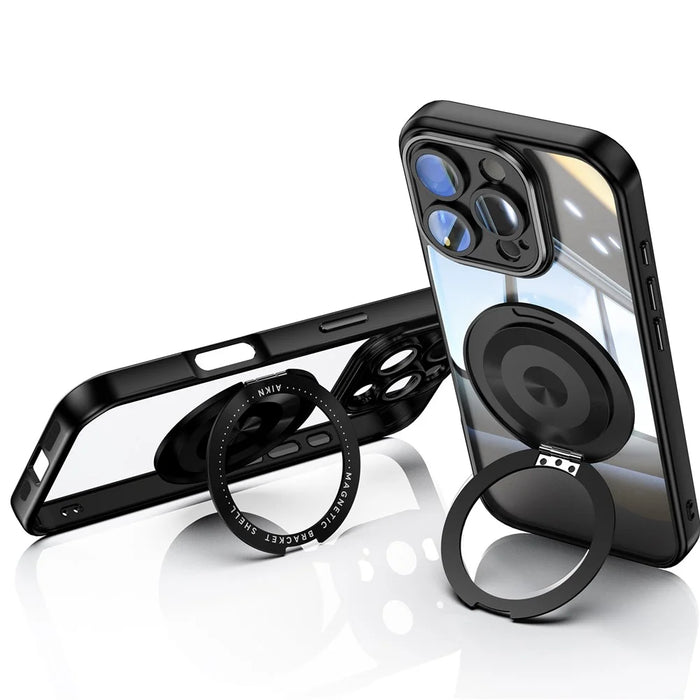 For iPhone 16 Pro Max Magnetic Case PC + TPU Phone Cover with Rotating Metal Kickstand, Lens Protector - Black - 2