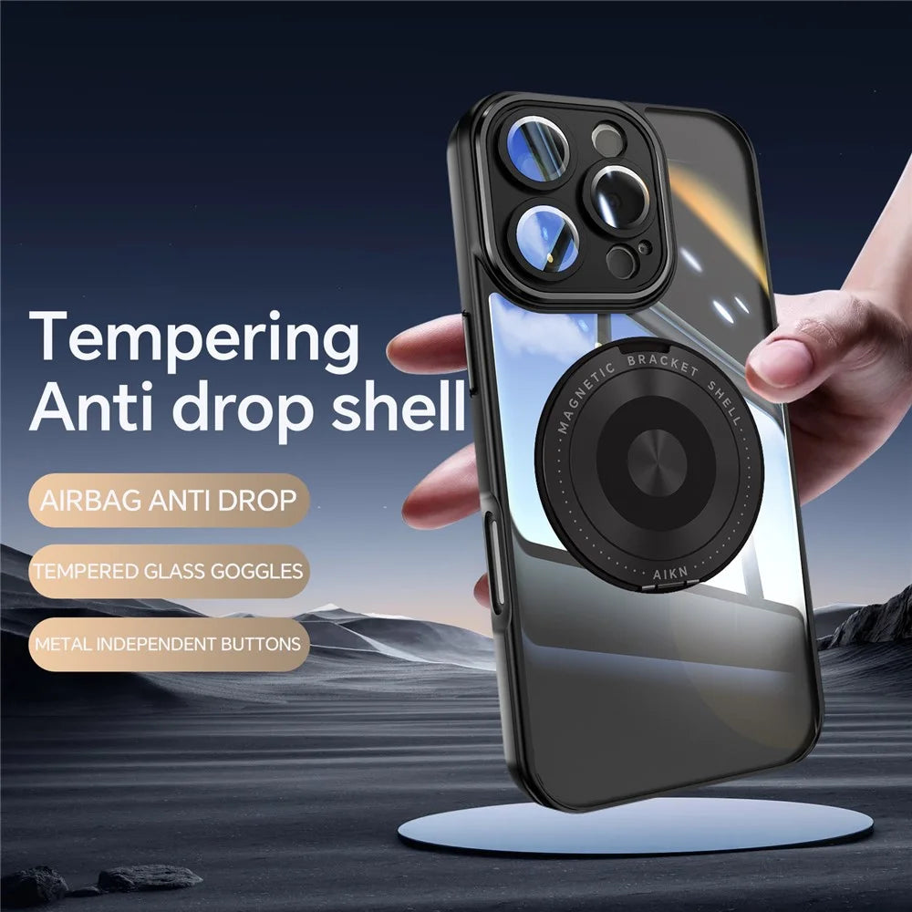 For iPhone 16 Pro Max Magnetic Case PC + TPU Phone Cover with Rotating Metal Kickstand, Lens Protector - Black - 3