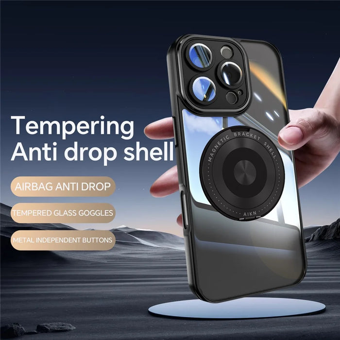 For iPhone 16 Pro Max Magnetic Case PC + TPU Phone Cover with Rotating Metal Kickstand, Lens Protector - Black - 3