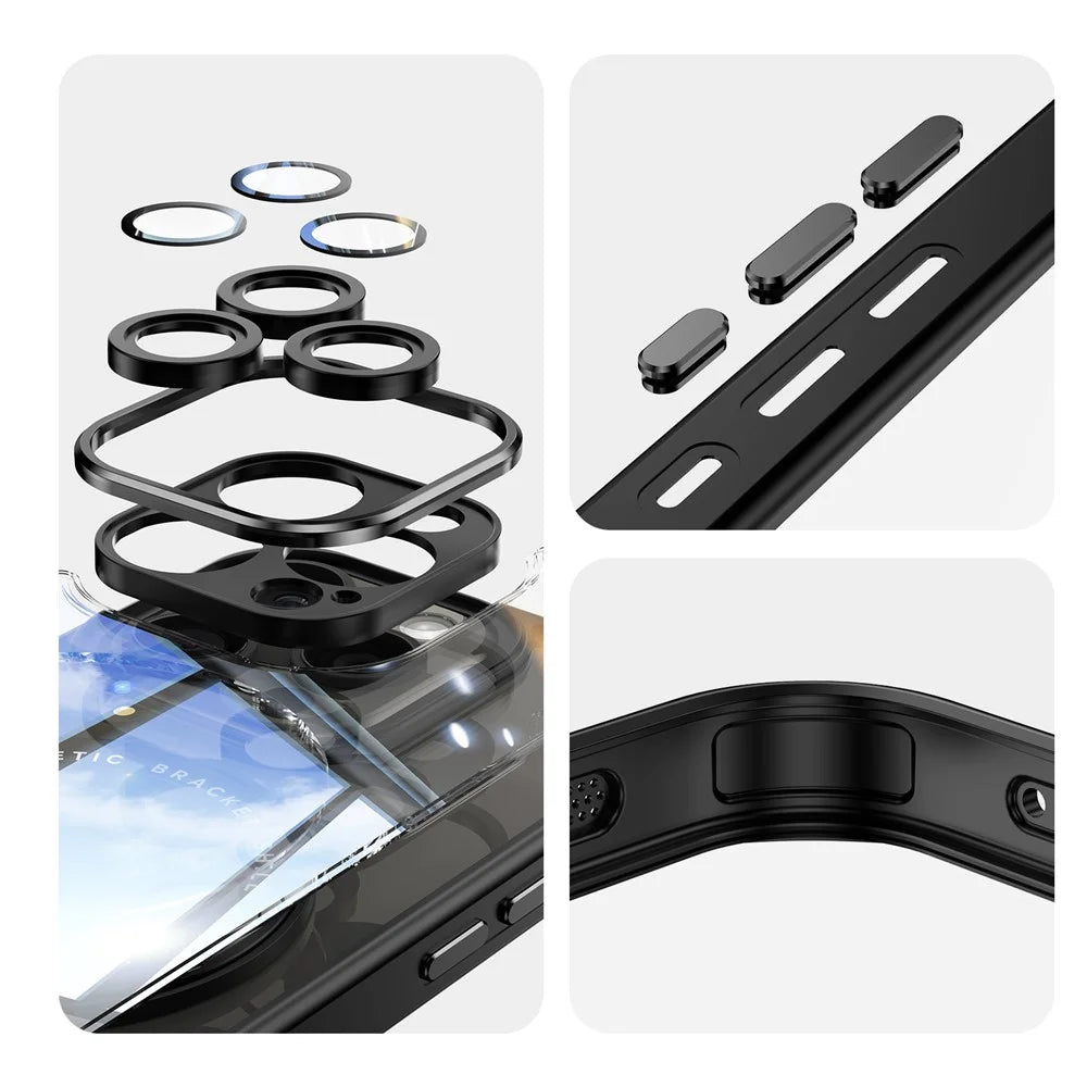 For iPhone 16 Pro Max Magnetic Case PC + TPU Phone Cover with Rotating Metal Kickstand, Lens Protector - Black - 6