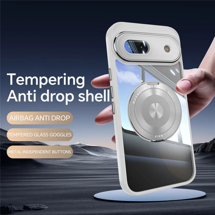 For Google Pixel 8a Magnetic Case PC + TPU Phone Cover with Rotating Metal Kickstand, Lens Protector - Titanium Grey - 2