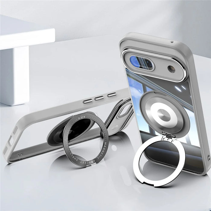 For Google Pixel 8a Magnetic Case PC + TPU Phone Cover with Rotating Metal Kickstand, Lens Protector - Titanium Grey - 3